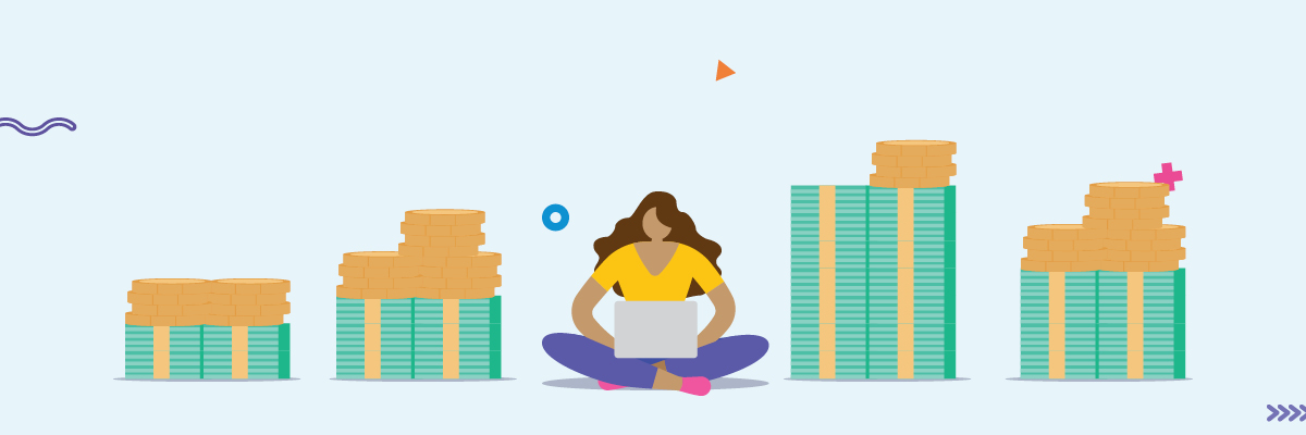 Girl on a laptop surrounded by gold coin stacks