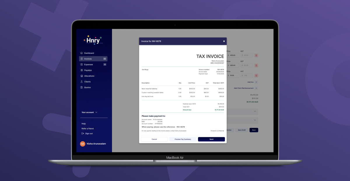 Previewing an invoice