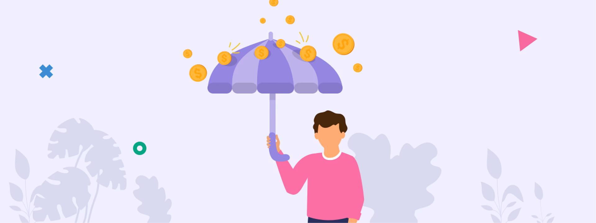 Man standing under umbrella as it rains gold coins